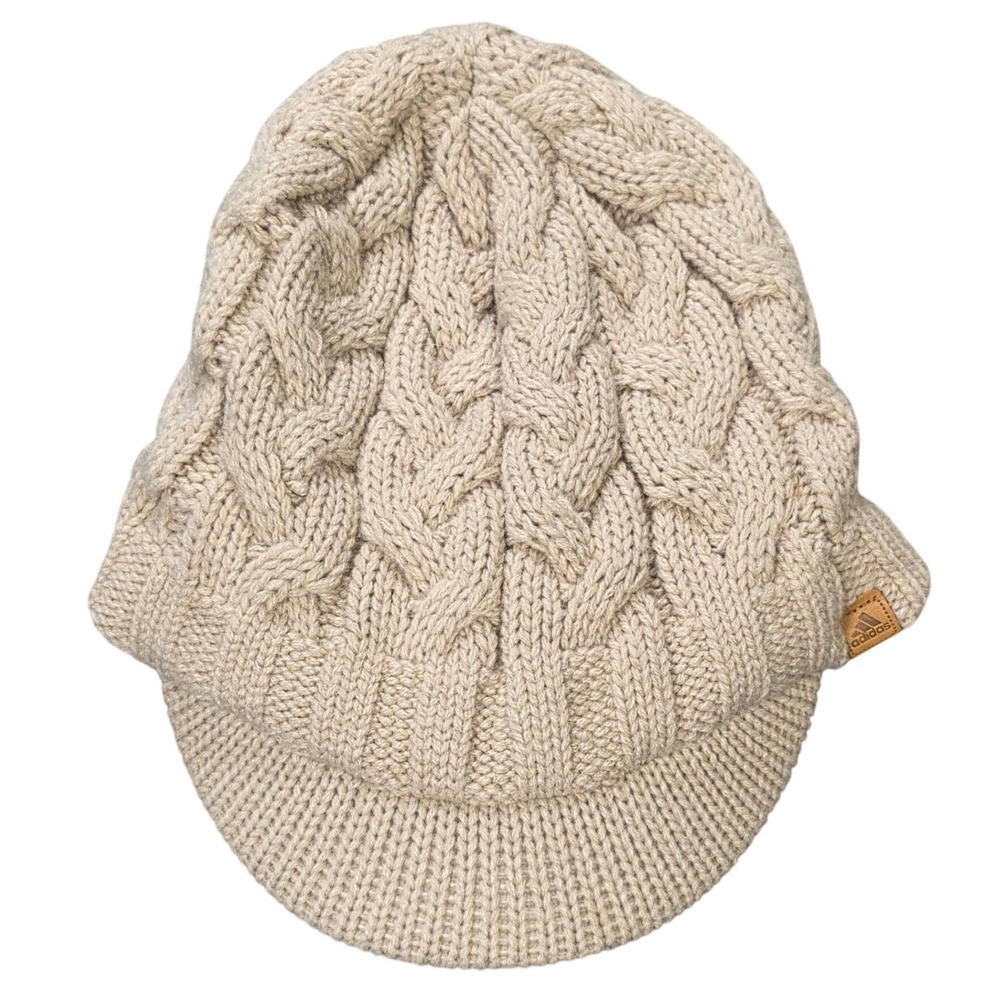 Adidas Cable Knit Visor Beanie Women's Tan Beige Fleece Lined Winter Hat Brimmed